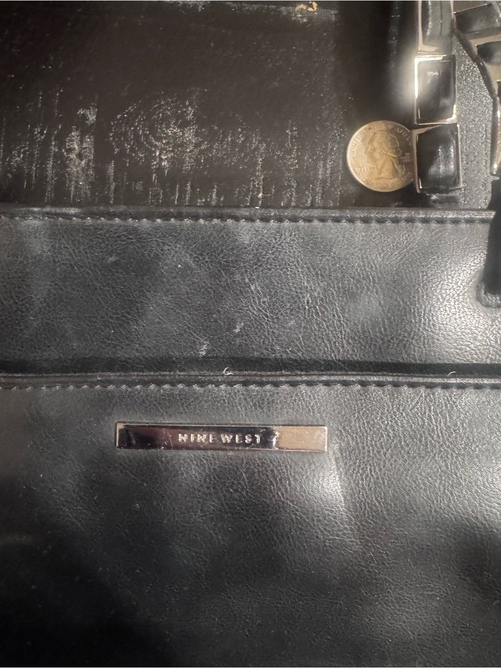 Nine West Black Leather Shoulder Bag with Chain-Trim Straps - Picture 3 of 5